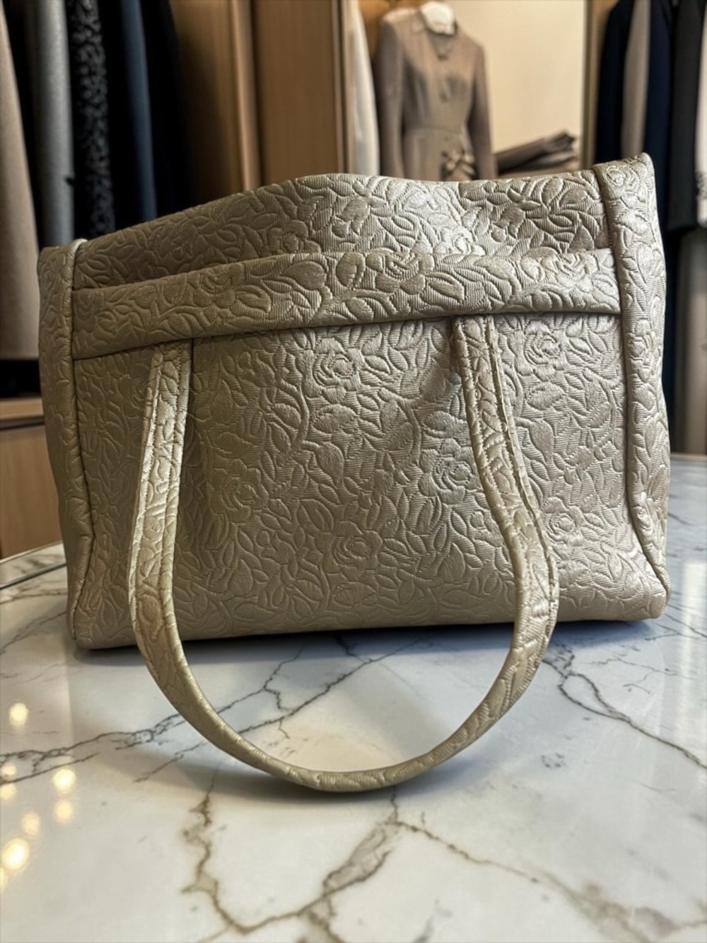 A Classy Chic Boutique Embossed Floral Tote in Metallic Champagne